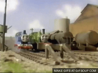 [GIF] children's animated train running away over the countryside and crashing through a wall